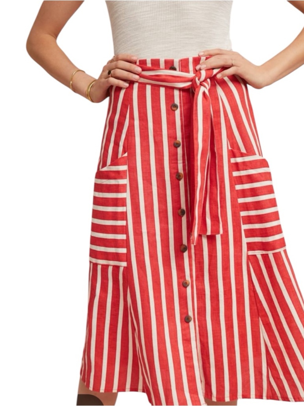 Metro Wear Red and White Striped Linen Blend Midi Skirt with deep pickets